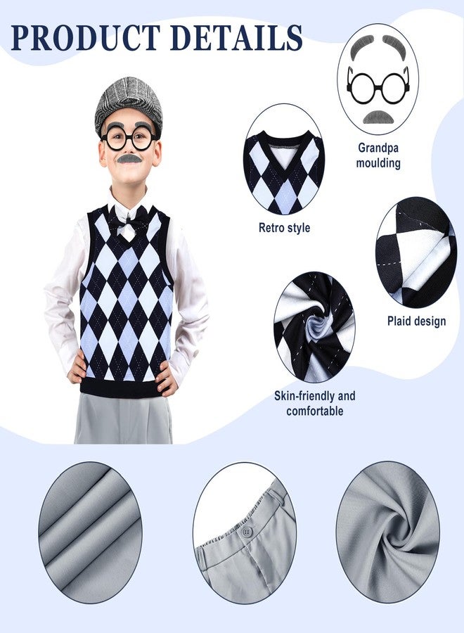 Liitrsh 8 Pcs Old Man Costume for Kids Grandpa Costume 100 Days of School Halloween Vest and Pants for Boys(11-13 Years,Blue Grey Plaid) - Image 3